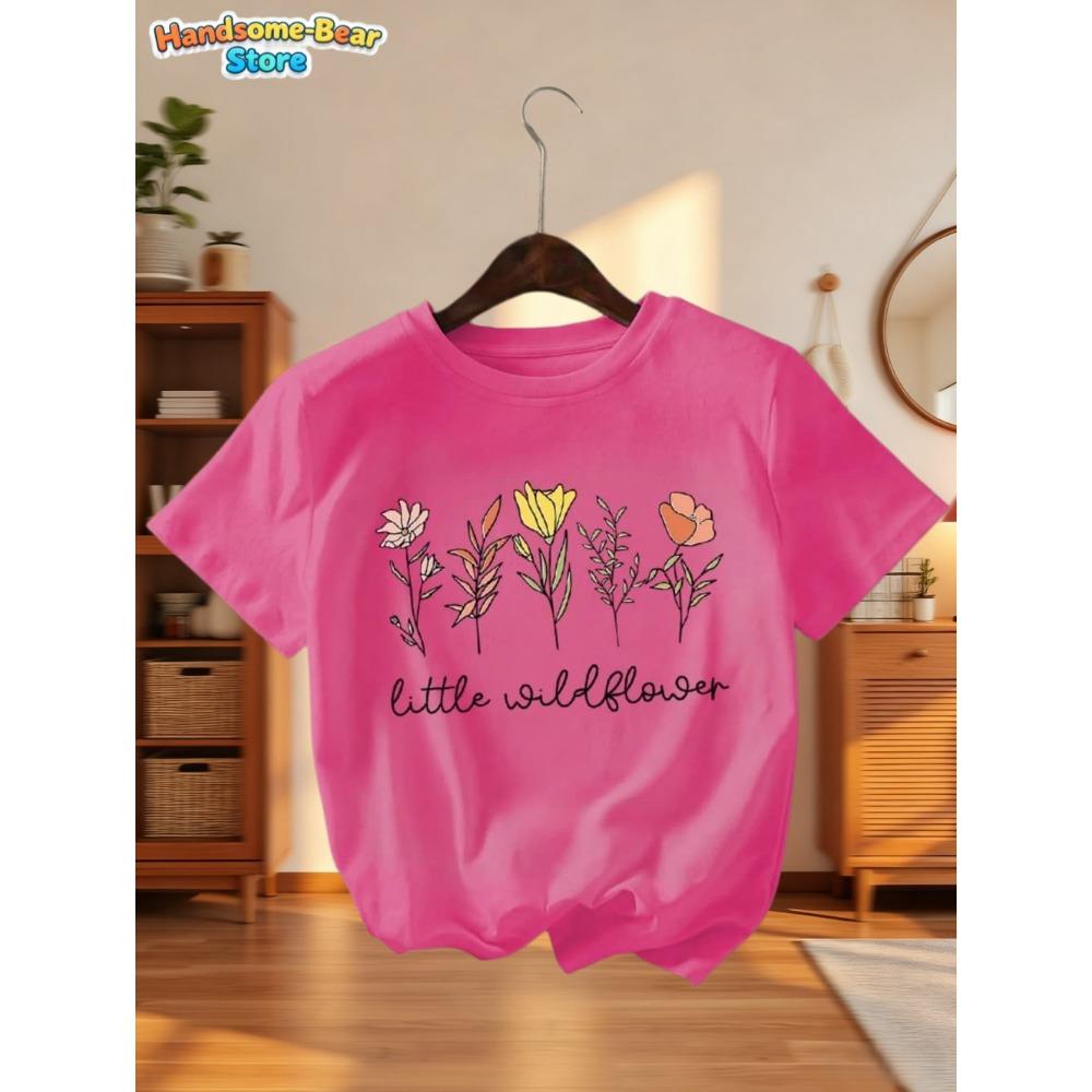 

Cute Flower Letter Print Girls T-Shirt Casual Round Neck Short Sleeve Tops Fashion Summer Outdoor Streetwear Kids Girls Clothes 100