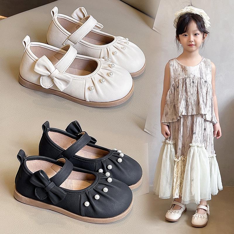 Girls leather shoes 2025 new spring and autumn foreign style girls bow soft sole princess shoes children's fashion pearl single shoes