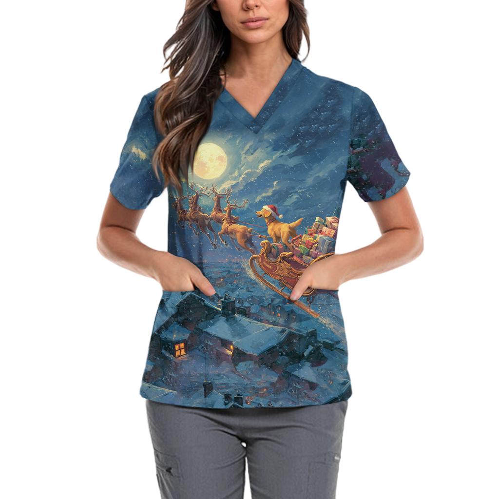 Women's Cute Bow Printed Work Clothes V-neck Double Layer Pockets Basic Short Sleeve Top Pullover