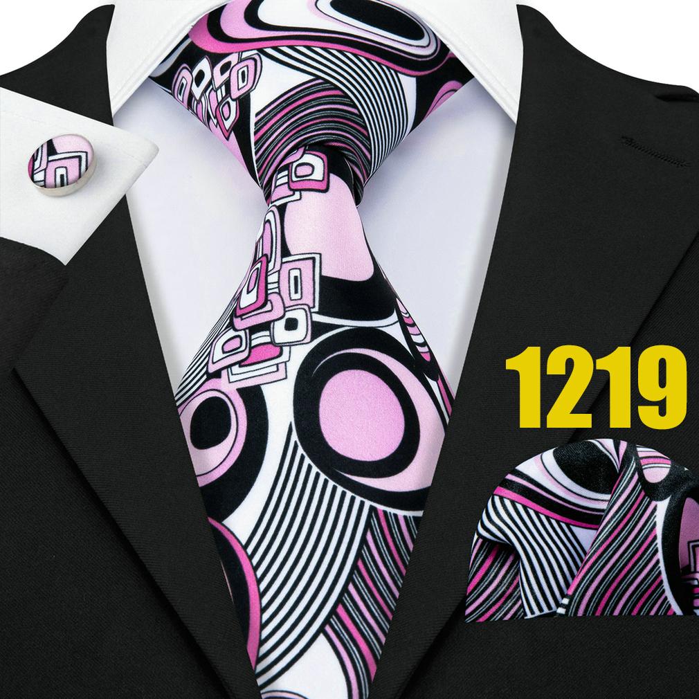 Men Pink Ties Fashion Classic Striped Paisley Floral Necktie Handky Cufflinks Set Formal Wedding