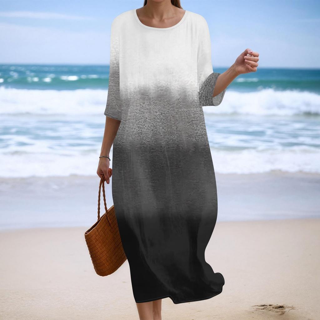 Women's Fashionable Printed Round Neck Seven Quarter Sleeve Loose Dress