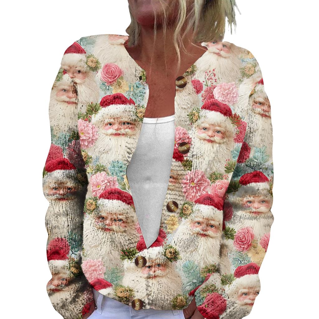 Women's Fashion Christmas Print Long Sleeve Knitted Cardigan Button Jacket