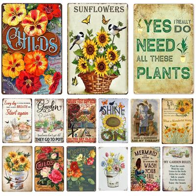 Willkommen Zu Unserem Garten Metallblechschildern, Schmutzige Harke Wandkunst, Sonnenblume Retro Poster für Zuhause, Garten, Pflanzen Deko, Gartenregel S