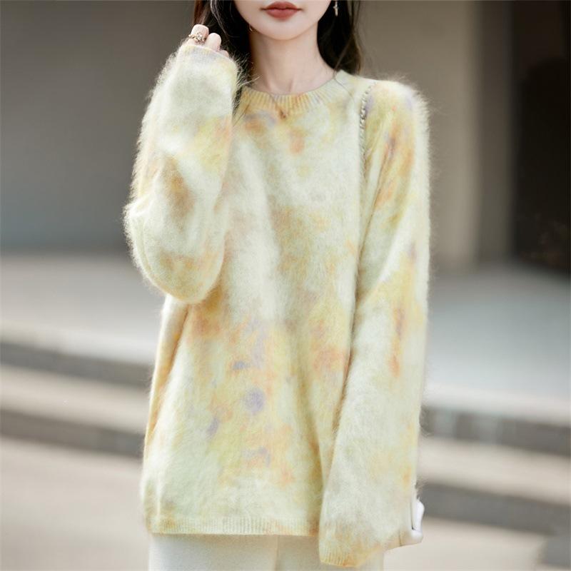 2026 Autumn/Winter Women's Printed Cashmere Wool Knitwear - Round Neck, Long Sleeve, Loose Fit Sweater Top
