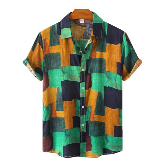 Men Shirt Vintage Style Geometric Print Colorful Turn-down Collar Summer Top Male Garment