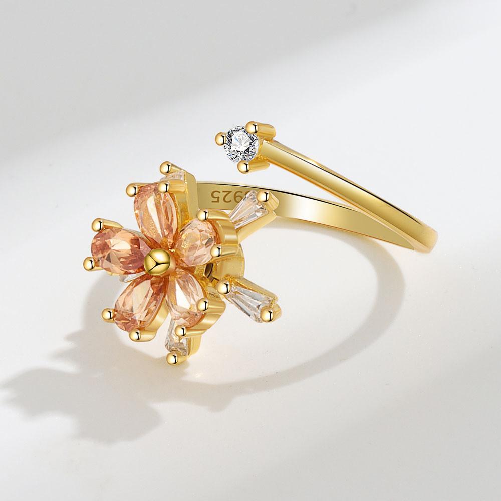 Flower Zirconia Rotating Ring With Adjustable Size For Stress Relief And Trendy Women