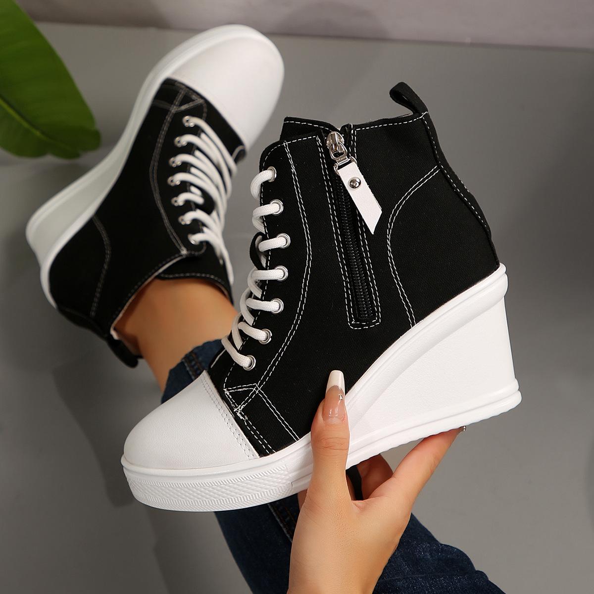 

2025 новые парусиновые кеды большого размера с высоким верхом, женские туфли на танкетке с толстой подошвой, женские модные одинарные туфли для увеличения роста и стройности 42