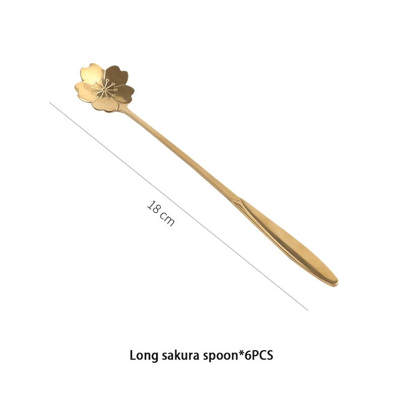 6pcs Gold Flower Stainless Steel Tea Spoons Set Coffee Spoon Honey Dessert Ice Cream Scoop Teaspoon Cafe  Long Handle Tableware