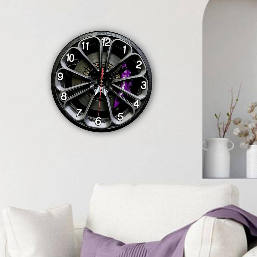 2D Car Wheel Hub Wall Clock Decor No Ticking Round for Cafe Bar Office Automotive Shop Living