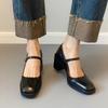 Retro Loafers Women Square Toe Mary Janes Shoes 2025 New Sping Summer Ankle Buckle Pumps Elegant Ladies Shoes Black High Heels