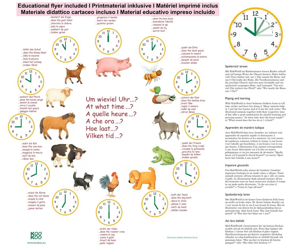 KOOKOO Kids World Yellow Animal Sounds Wall Clock with 12 Farm Animals Telling Time, Cute Wall Clock, Perfect for Kids' Rooms, Soothing Sounds