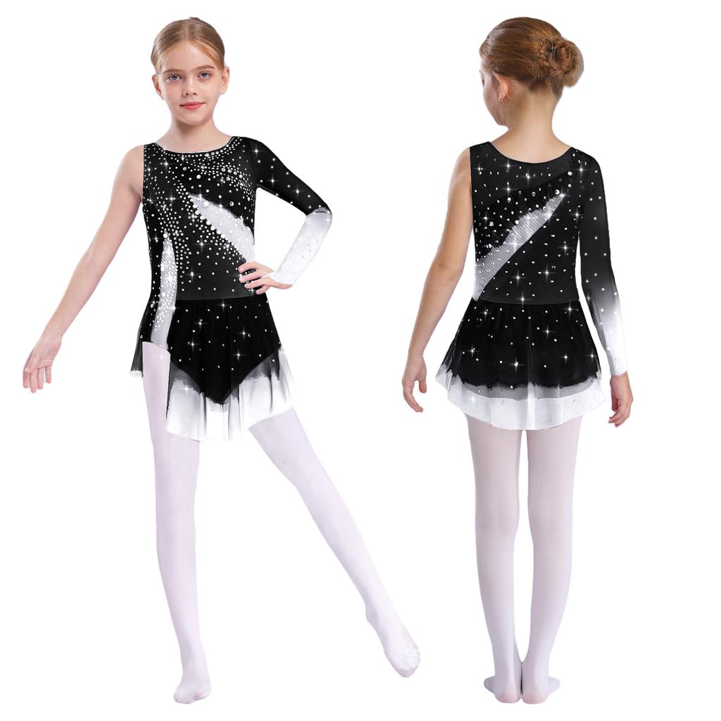 Girls Modern Lyrical Dance Dress High-Low Tulle Split Rhinestone Ballet Gymnastics Leotards Figure Skating Performance Costume