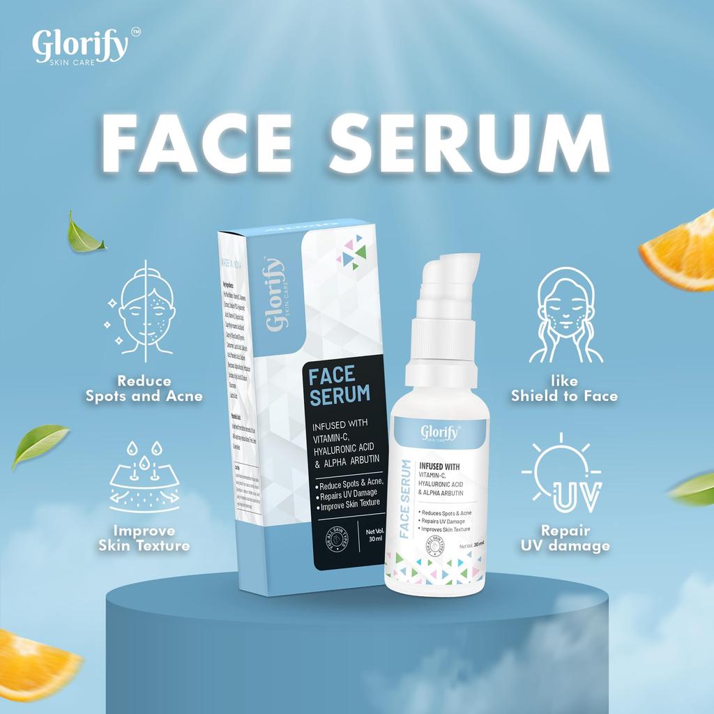 Glorify Alpha Arbutin With Vitamin C Brightening Face Serum for Glowing Skin [30ml] | Alpha Arbutin Face Serum | All Skin Types for Men & Women| Da