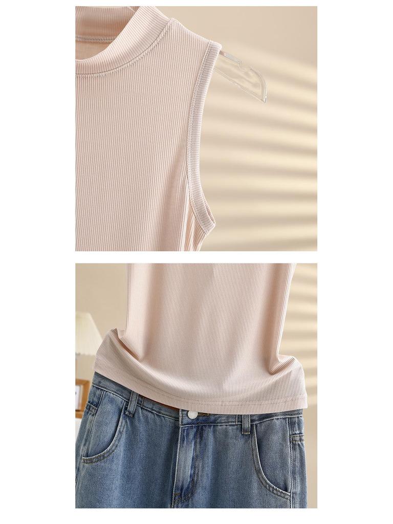 Women's Sleeveless Semi-High Neck Slim Cotton Vest - Solid Color Summer Top