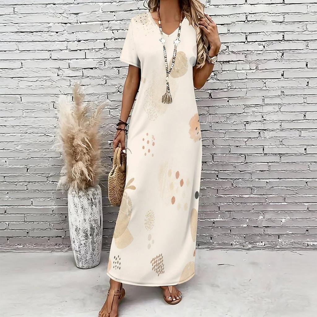 Women Plus Size V Neck Short Sleeve Printed Straight Maxi Dress