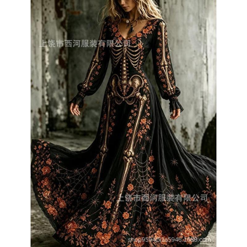 Abito da donna vintage gotico con teschio e rosa, motivo a gradiente, vestito lungo di Halloween con motivo a gradiente