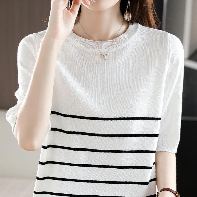 Striped Round Neck Knitted T-shirt for Women In Summer Contrasting Color Loose and Versatile Outside Wear Slim Ice Silk Knitted Short Sleeves