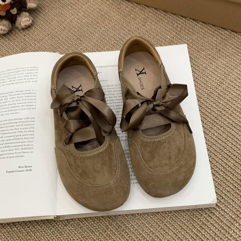 French retro style bow satin shoelaces ballet shoes Mary Jane shoes soft flat comfortable soft leather single shoes women