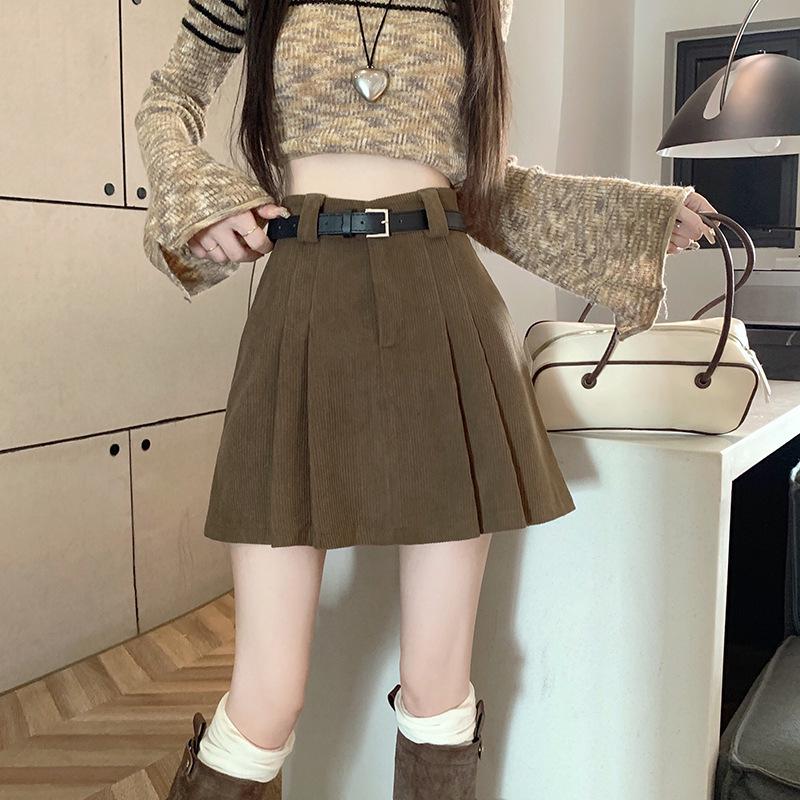 2026 Autumn/Winter Korean Academy Corduroy High-Waist A-line Pleated Skirt