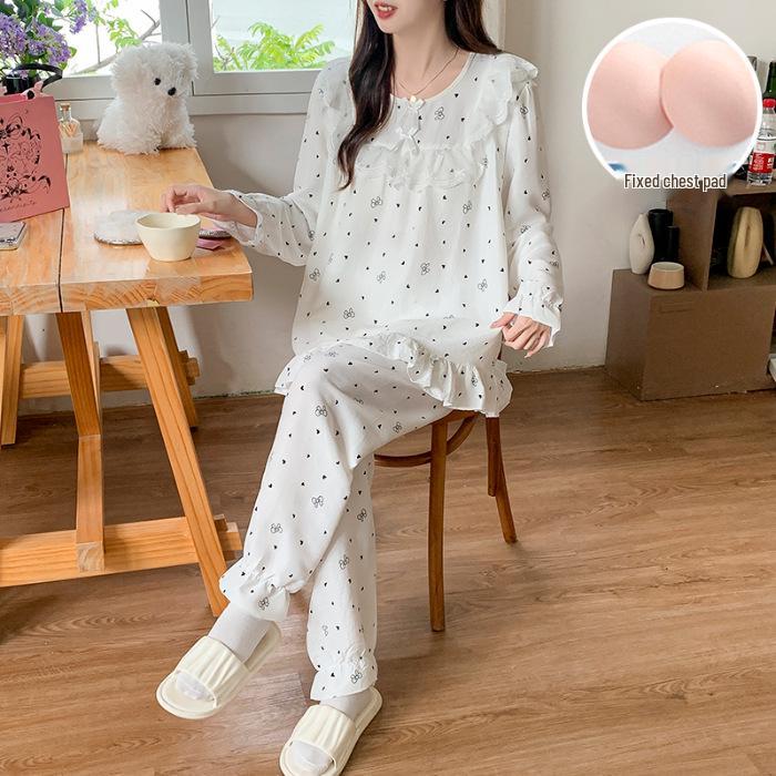 Women's Princess Style Cotton Pajama Set with Padded Bust - Lace Trim Long Sleeve for Spring/Autumn