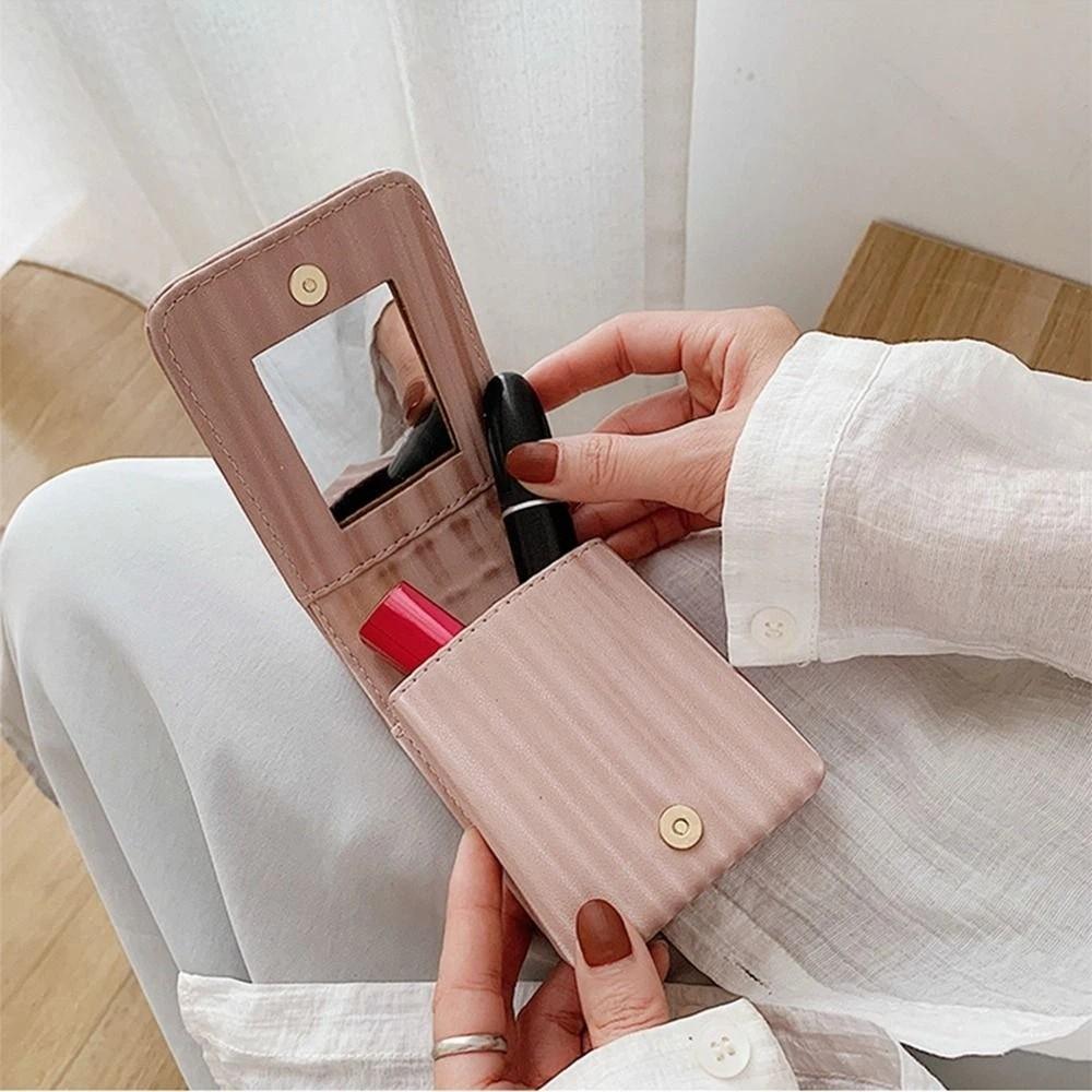 With Mirror Mini Cosmetic Bag Pu Leather Lipstick Storage Bag Travel Supplies Lipstick Bag  Girls