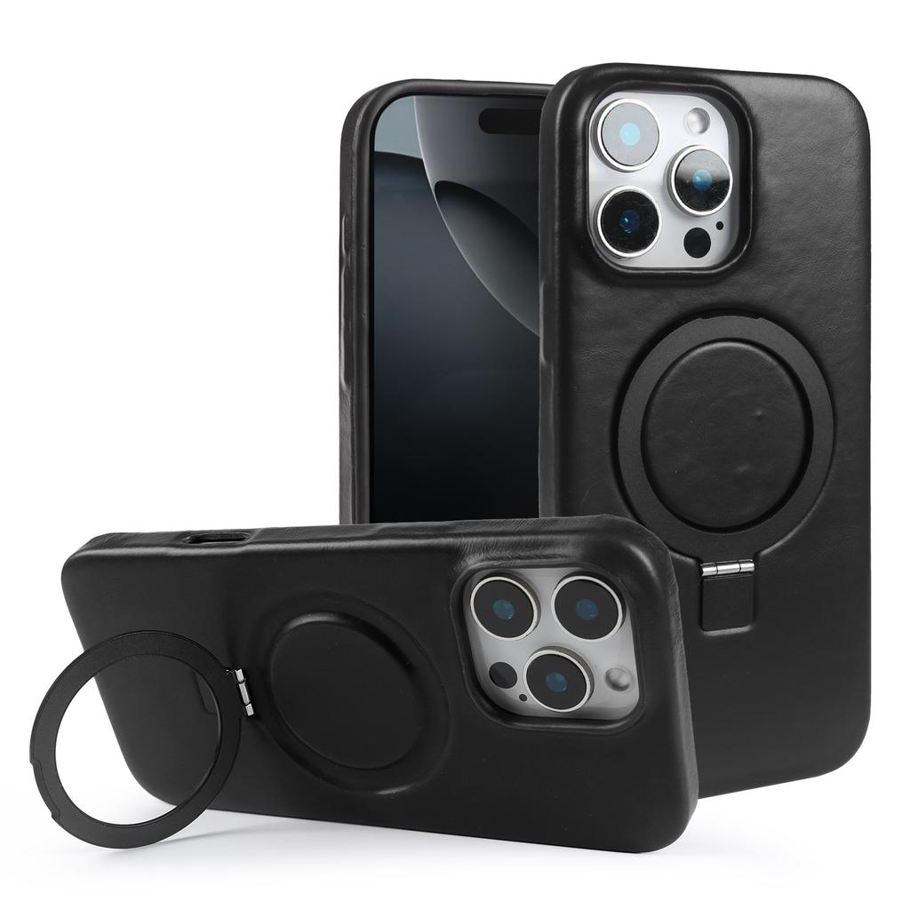 Stand Bracket Genuine Leather Case For iphone 16 Pro Max 16e 15pro 14 13 12 11 Full Wrapped Phone Cases Cover+Magnetic Holder