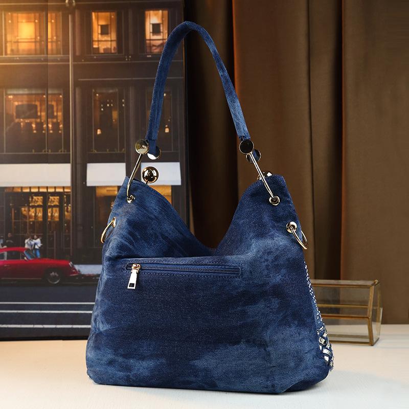 European and American Fashion Retro Fashion Diamond Studded Tote Bag Large Capacity Denim Hot Stamping Casual Shoulder Crossbody Bag