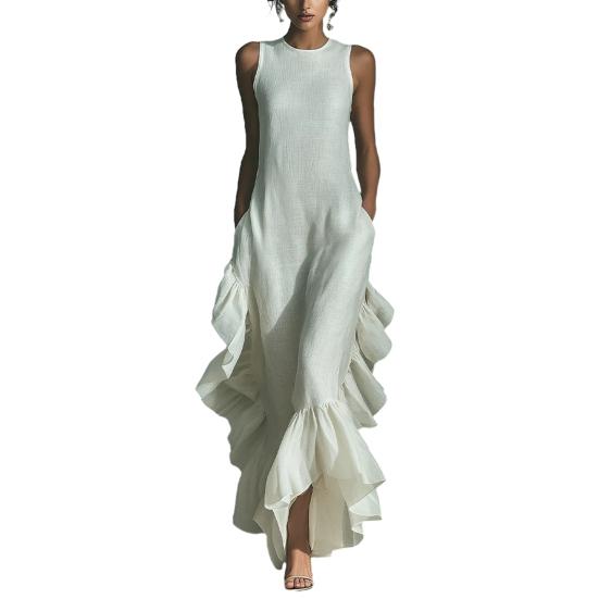 Women s Sleeveless Dress Ruched Ruffle Hem Dress Elegant Swing Dress Crew Neck Beach Dress M слоновая кость