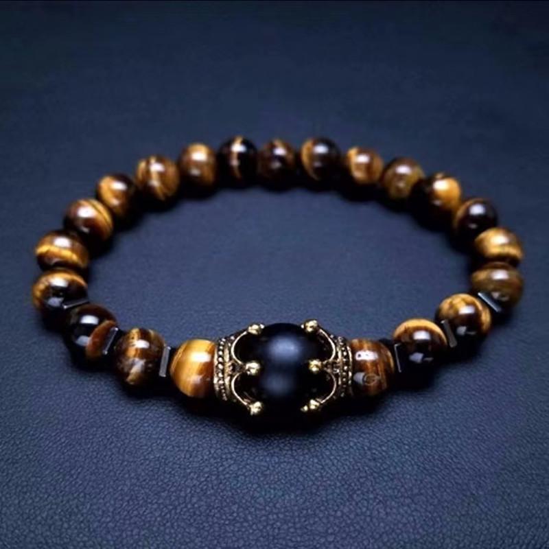 Luxury Men's Tiger Eye Stone Bead Bracelet with Crown