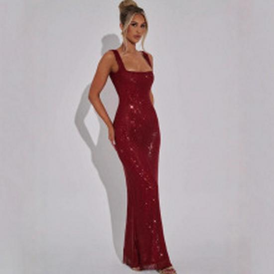 2025 European-American Style Sexy Backless Deep V Halter Evening Gown with Pleats
