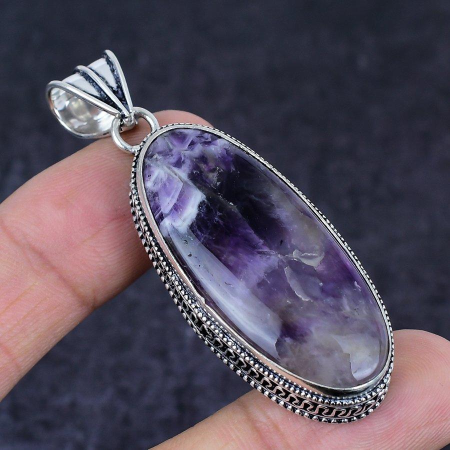 Chevron Amethyst Gemstone Handmade 925 Sterling Silver Pendant 2.40" g1v58