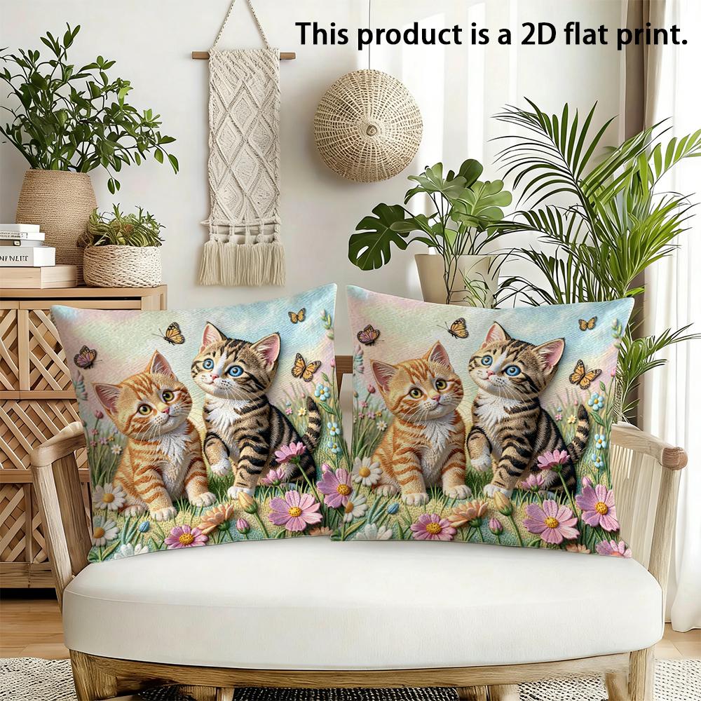 2pcs Cute Kittens Floral Butterfly Throw Pillow Covers Spring Garden Decorative Pillowcases for Sofa Bedroom Cushion Cover