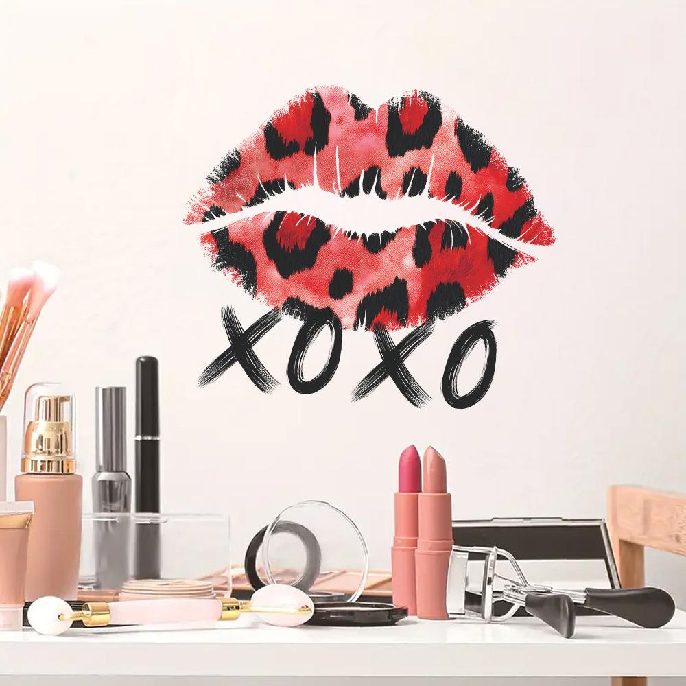Personalized Leopard Print Lip Prints and English Word Decorative Wall Stickers for The Dressing Room Bedroom