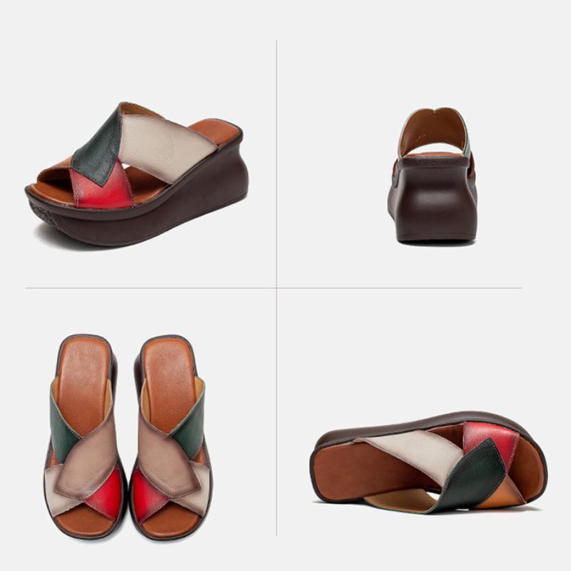 Johnature Retro Women Peep Toe Wedges Slippers Genuine Leather Thick Sole Slides Fashion Platform Shoes