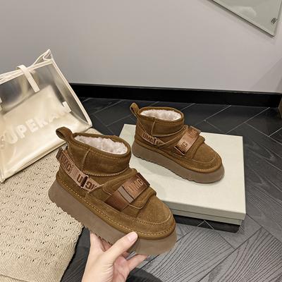 Sapatos de inverno femininos de camurça de vaca, moda 2024, botas de neve para meninas, botas de plataforma de designer planas, tênis de luxo com espessamento casual