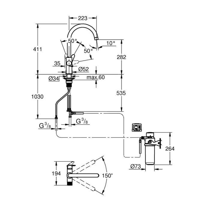 Mitigeur d'évier - GROHE - StartCurve - Filtration intégrée - Bec col de cygne - Chromé