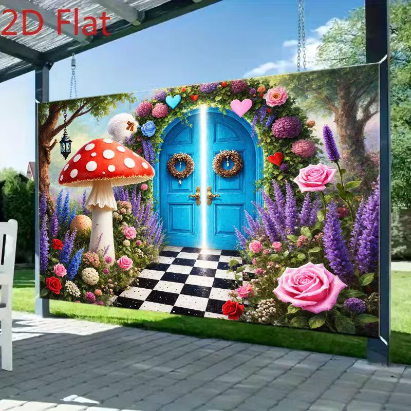 2D Whimsical Wonderland Background, Magical Blue Door & Flower Garden Backdrop