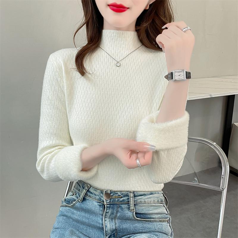 Autumn and winter fleece thickened sweater schoolgirl integrated fleece with semi-turtleneck knitted wool cashmere bottoming shirt top