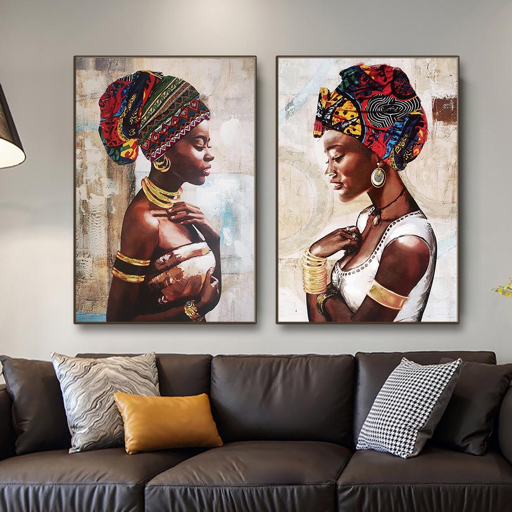 Afrikanska kvinnor Traditionell klänning Väggkonst Canvasmålning Huvudbonad Flicka Posters och utskrifter Bilder för vardagsrum Heminredning