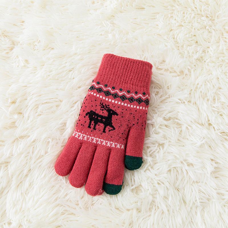 

Женские зимние теплые утолщенные перчатки вязаные перчатки с сенсорным экраном плюс бархат для улицы для велоспорта жаккардовые милые с лосем корейские перчатки красный