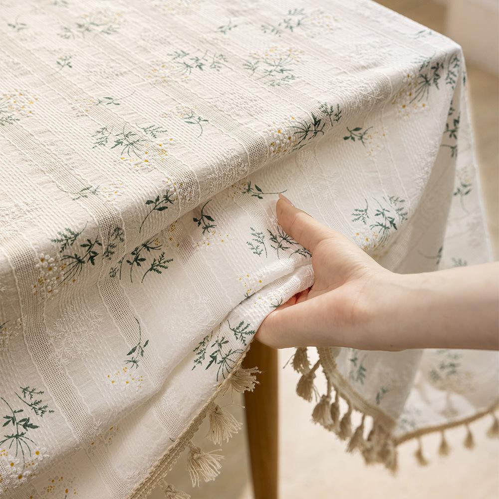 1PC Rural Floral Daisy Lace Tassels Cotton Rectangle Table Cover for Tea Table Decorations Kitchen Living Room Wedding Party Use