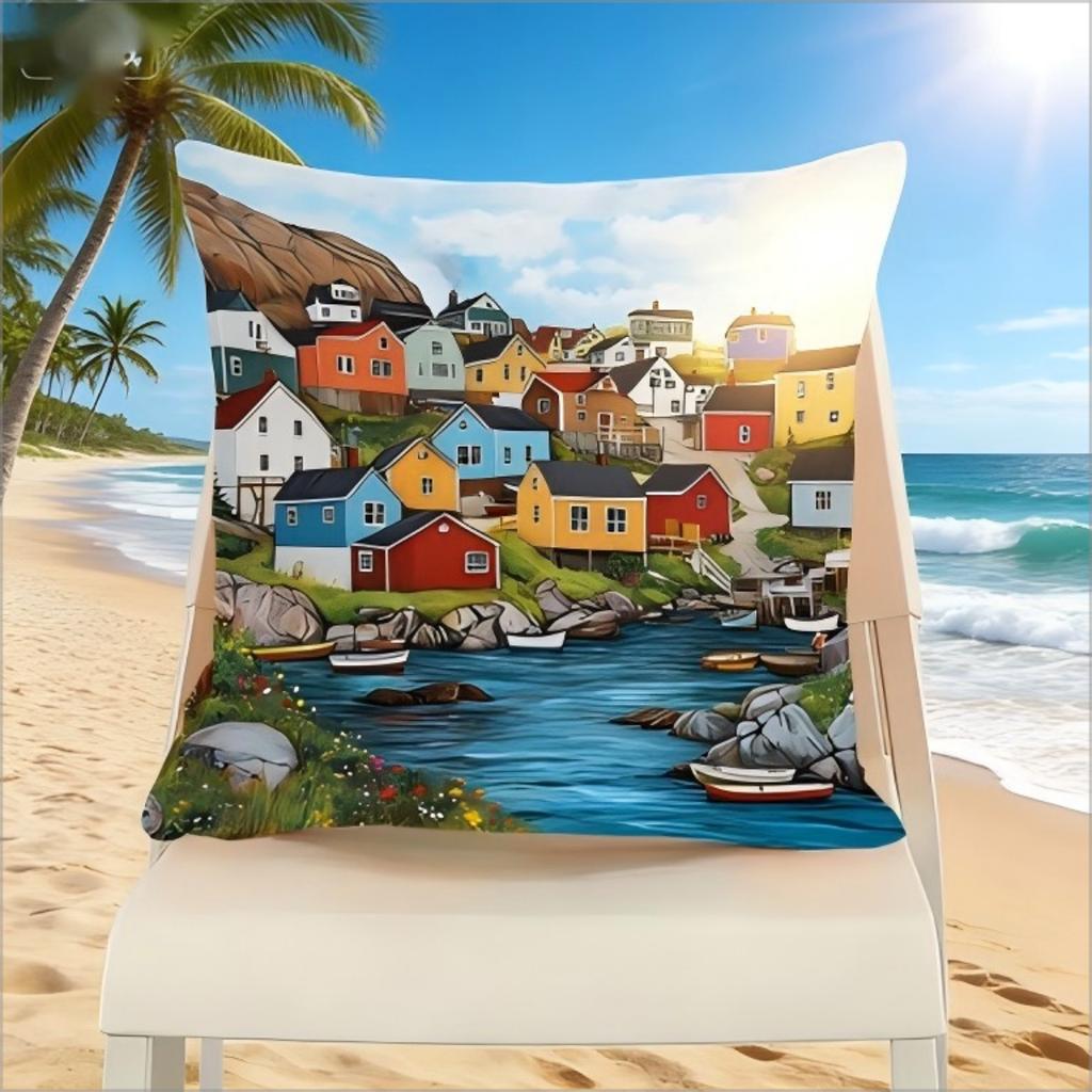 Colorful Coastal Fishing Village Pillow Cover Norwegian Fjord House Print Cushion Case Nautical Seaside Home Decor