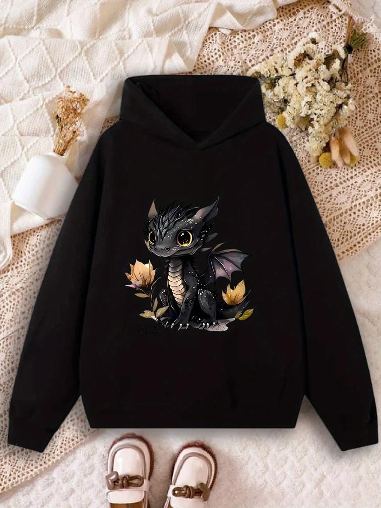 Stylowa bluza z kapturem dla dzieci z długim rękawem i nadrukiem małego smoka w stylu fantasy, luźny, wygodny krój do szkoły i na jesienne rodzinne wycieczki na świeże powietrze.