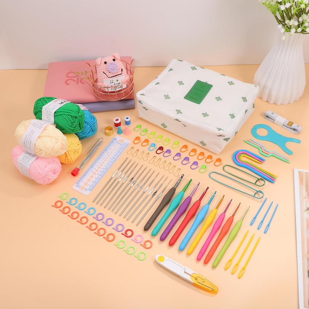 Lurrose Crochet Hook and Hook Set for Crochet Kit with 5 Colors of Yarn and Storage DIY Crafts for Basic Art Tools Beginners, 100-Piece Bag,