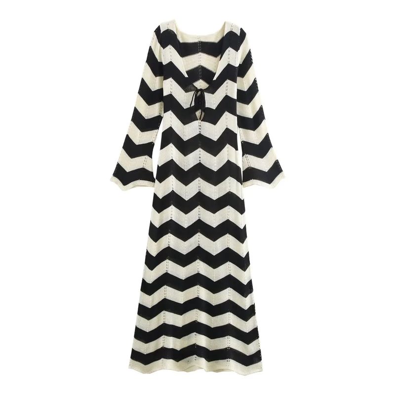 

Fall and Winter New Women s Clothing French Ins Long Sleeves Retro Contrast Color Wave Pattern Shoelace Knitting Long Dress As shown in the figure L