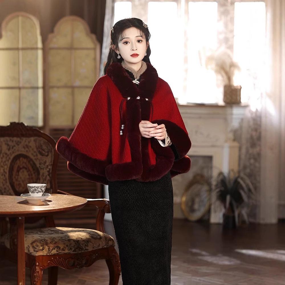 White Shawl with Cheongsam 1011 Autumn and Winter New Daily Thickened Velvet Noble Atmosphere with Cheongsam