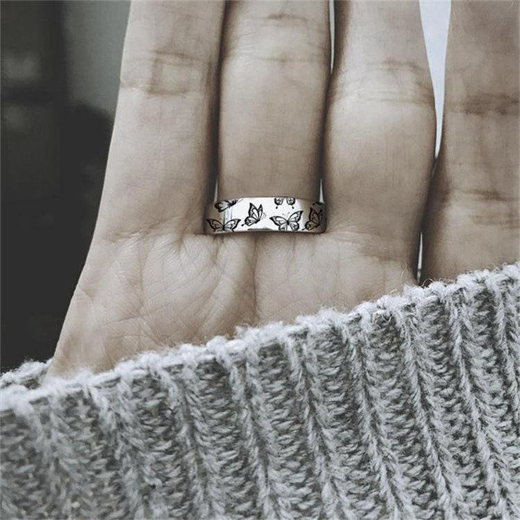 European and American INS Style Silver Carved Butterfly Ring Soul Shine Trendy Female Student Finger Ring Inspirational Ring