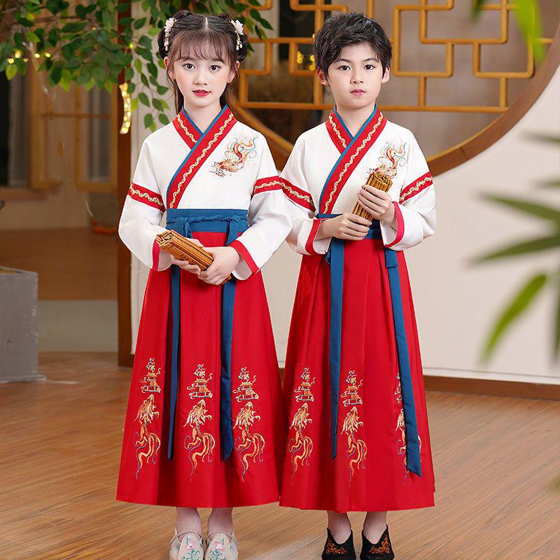 Costume da Studente Hanfu per Bambini: Abito Classico dei Tre Caratteri e per la Recitazione di Poesie per Bambini e Bambine, Primavera/Autunno