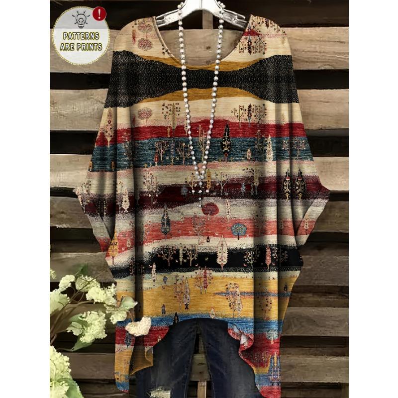 

Landscape pattern all-over printed short-sleeved versatile fashionable round neck loose top S