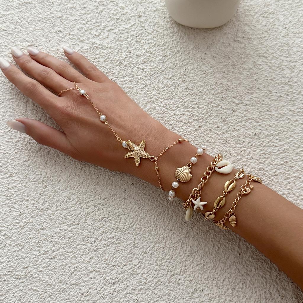 Holiday Style Starfish Shell Pendant, Finger Bracelet, Ocean Ins, Imitation Pearl Chain, Back Chain, Female